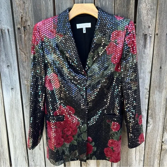 Escada Vintage Y2K Sequin Embellished Floral Blazer Jacket Black Red 38